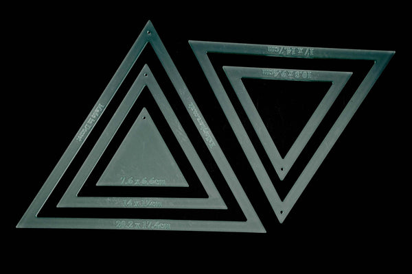 A SET OF FIVE BUNTING TRIANGLE SEWING/CRAFT TEMPLATES 20CM X 17CM