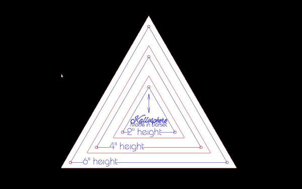 A SET OF THREE 60 DEGREE EQUILATERAL TRIANGLE SEWING/QUILTING/CRAFT TEMPLATES from 2” height plus 1/4” seam