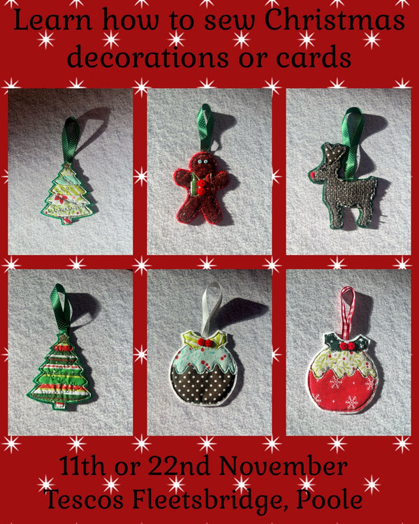Free motion Christmas decorations/cards workshop 11th or 22nd November @ Tescos Fleetsbridge, Poole