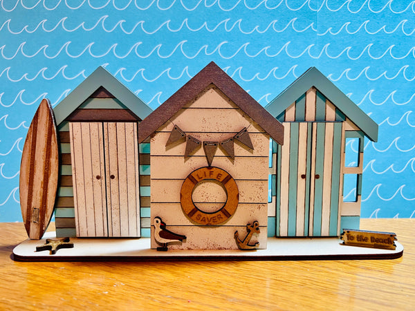 Wooden beach hut painting kit - blue, silver and white