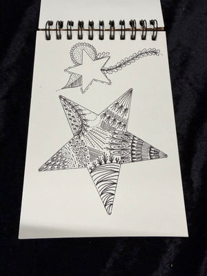 Example of a completed whimsical line art drawing created using Kallosphere acrylic drawing guides and a fine liner.
