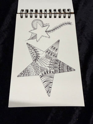 Whimsical line art illustration created using Kallosphere acrylic drawing guides and a fine-liner pen in a sketch book