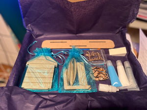 Wooden beach hut painting kit - blue, silver and white