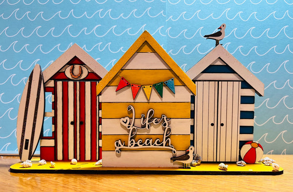 Wooden beach hut painting kit - blue, silver and white