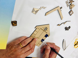 Wooden beach hut painting kit - red, yellow, blue and white