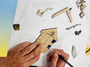 Wooden beach hut painting kit - blue, silver and white