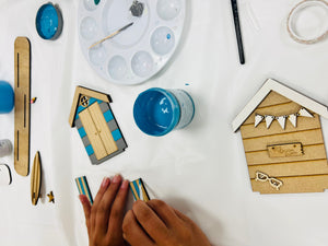 Wooden beach hut painting kit - red, yellow, blue and white