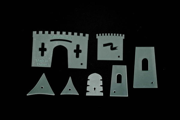 A SET OF ACRYLIC SEWING/CRAFT TEMPLATES TO CREATE A UNIQUE FAIRY CASTLE