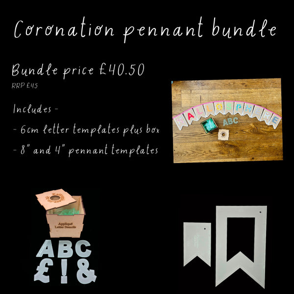 CORONATION PENNANT BUNDLE - 8" AND 4" PENNANT TEMPLATES AND A SET OF 6CM LETTER TEMPLATES PLUS BOX