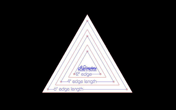 A SET OF THREE 60 DEGREE EQUILATERAL TRIANGLE SEWING/QUILTING/CRAFT TEMPLATES from 2” edge length plus 1/4” seam