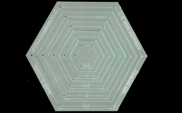 A SET OF FIVE HEXAGON ACRYLIC SEWING/CRAFT TEMPLATES INC 1/4” SEAM